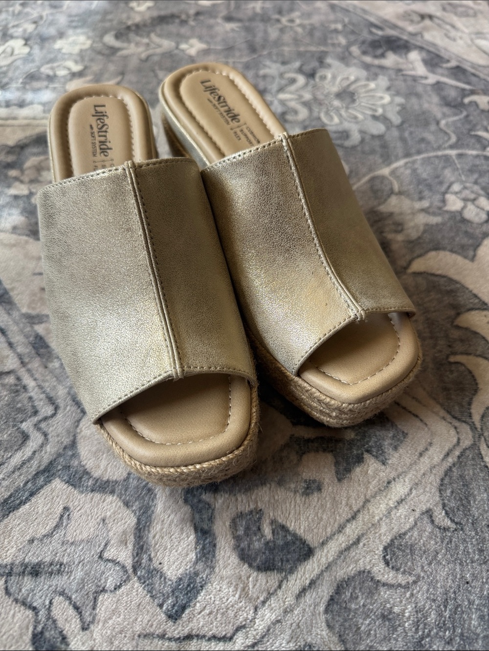 Life Stride Metallic Gold Wedge Slide Sandals size 6